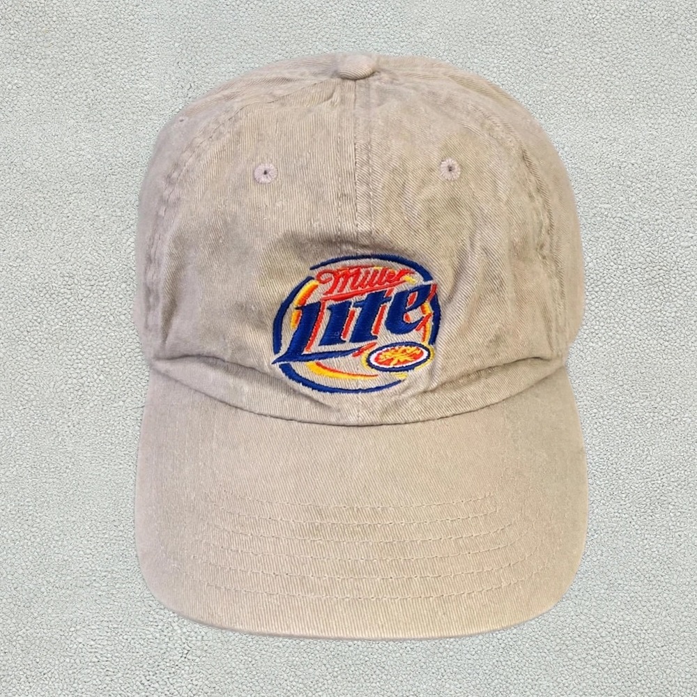 Vintage Miller Lite Dad Hat Khaki Tan Y2K Logo Adjustable Beer‎ Cap Mens OSFM